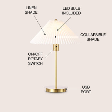 Freida 21.25" Modern Glam Metal Column LED Table Lamp with USB Charging Port and Pleated Shade - JONATHAN Y